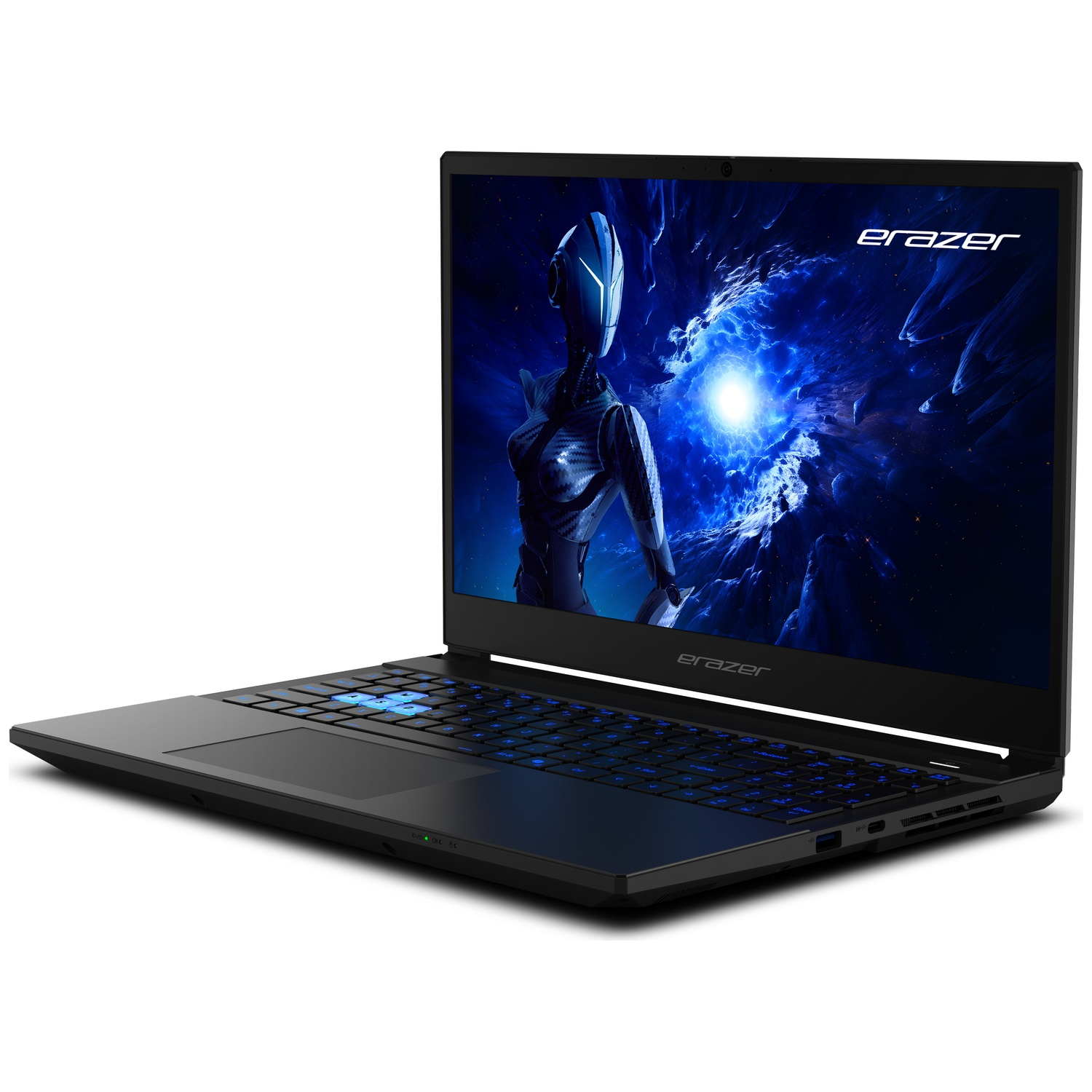 Black Erazer laptop on white background. Screen displays a futuristic figure in a blue-lit space scene. Keyboard has blue backlighting.