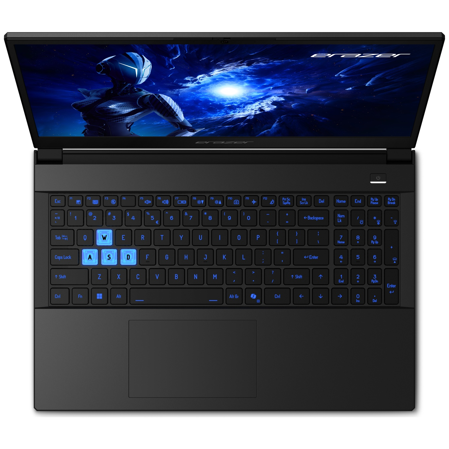 A black laptop with a lit screen showing a futuristic image. The keyboard is lit blue.