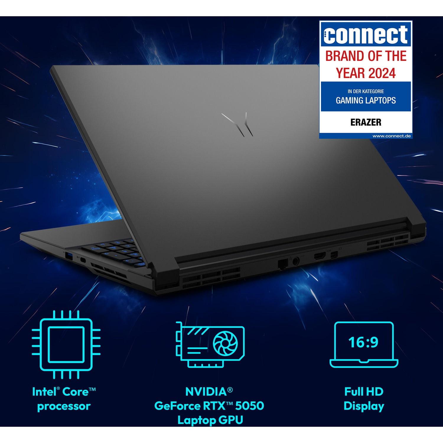 A black laptop with an open lid. The image includes logos for Intel, NVIDIA, and a 16:9 Full HD display.