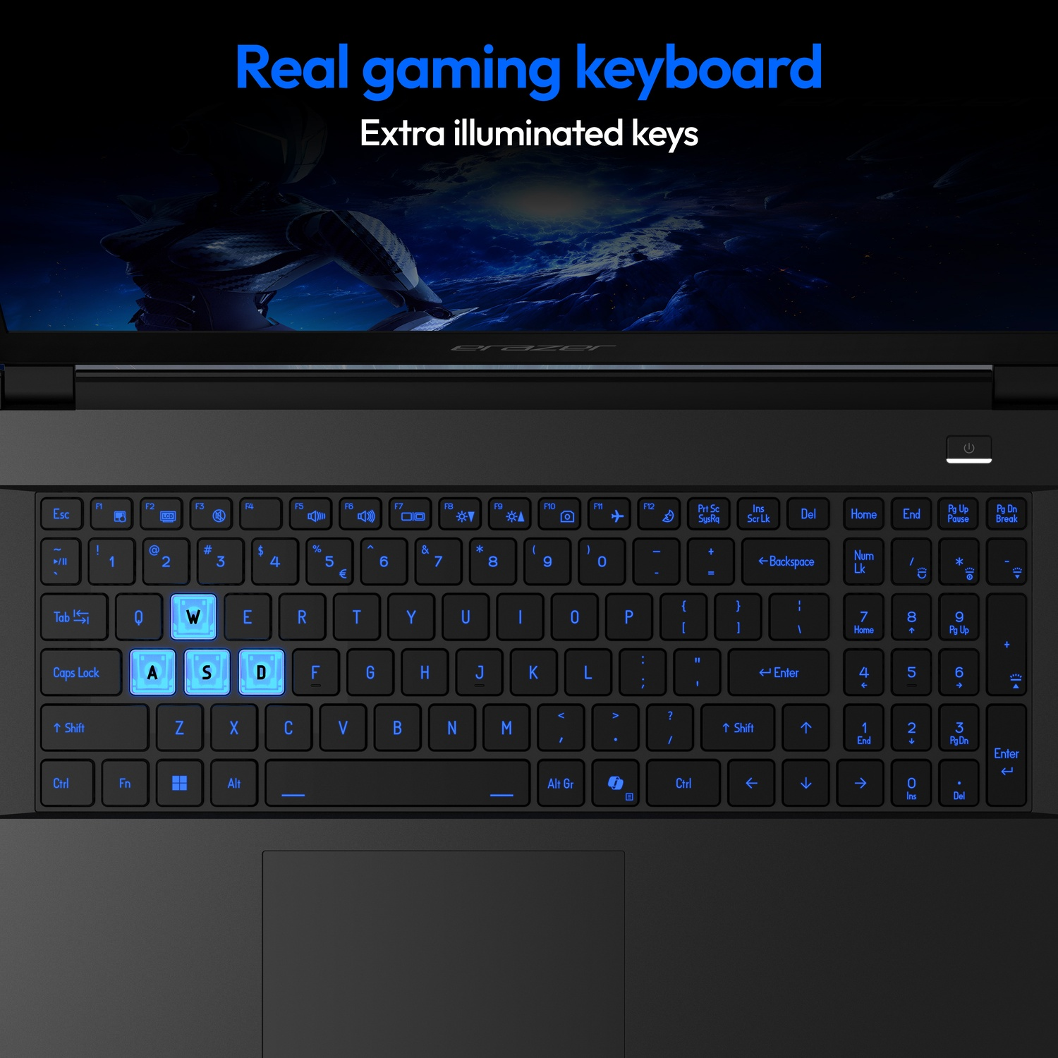 A laptop keyboard with illuminated blue keys. The letters W, A, S, D are highlighted. The background shows a gaming scene.