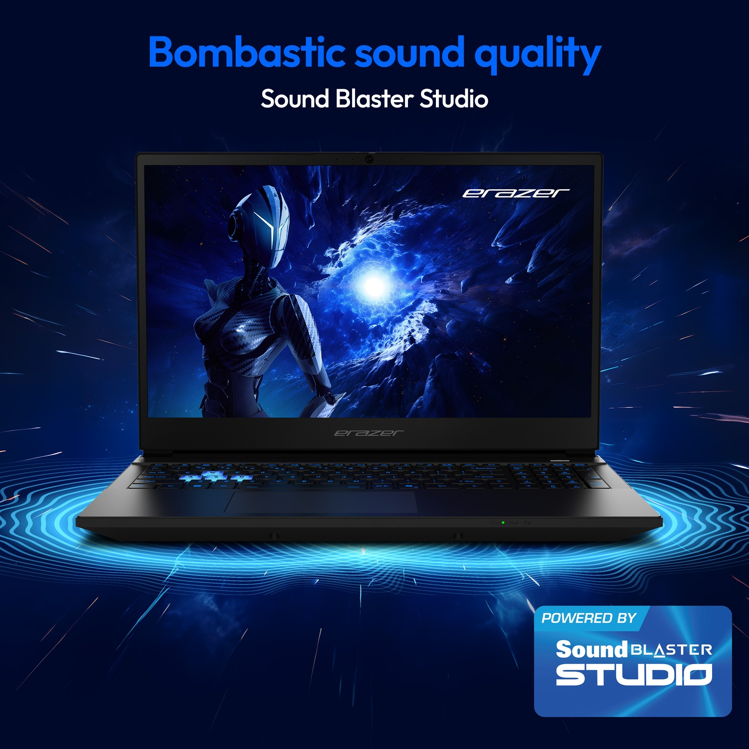 A black laptop displays a futuristic figure on a blue background. The text says 'Bombastic sound quality' and 'Sound Blaster Studio'.