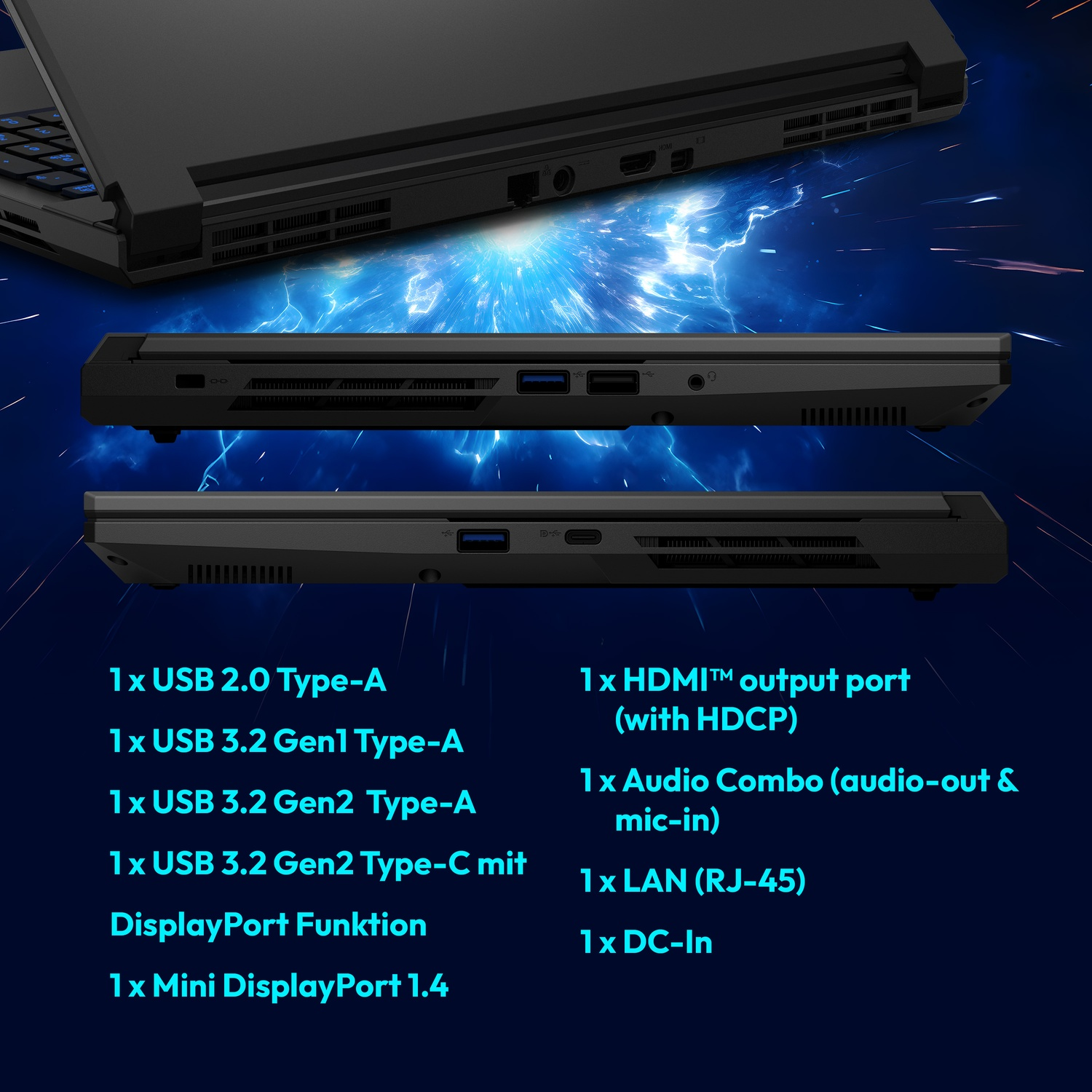 Image shows a black laptop with various ports, including USB, HDMI, and audio. Text lists the ports and their specifications.