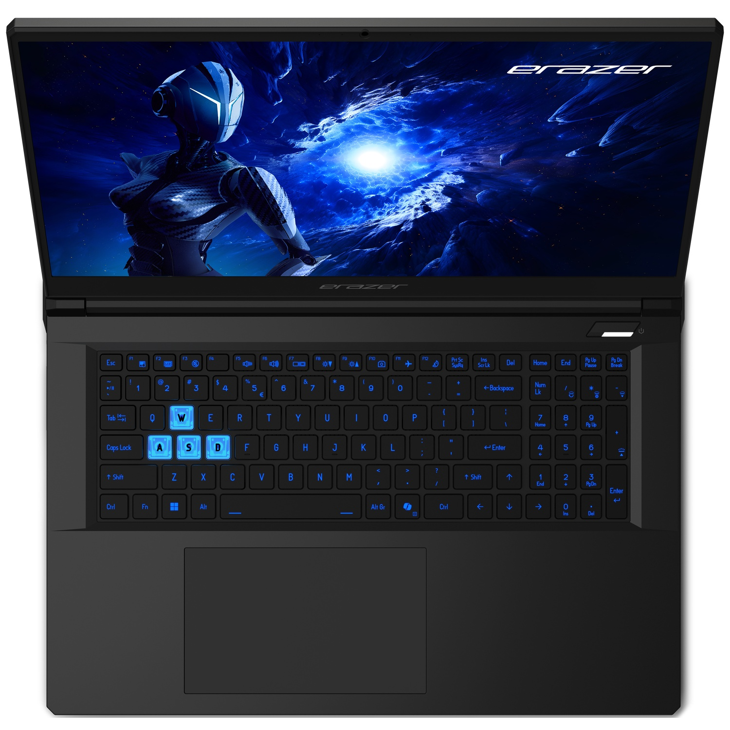 Un ordinateur portable noir est ouvert, affichant une image futuriste sur l'écran. Le clavier est éclairé, avec des touches bleues et un pavé tactile.