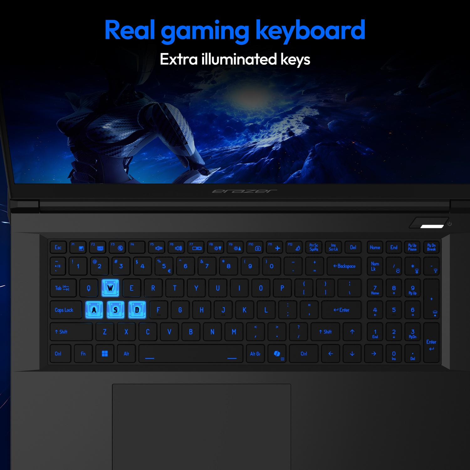 Clavier d'ordinateur portable avec touches éclairées. Rétroéclairage bleu. Texte 'Real gaming keyboard' en haut. Montre un fond futuriste.