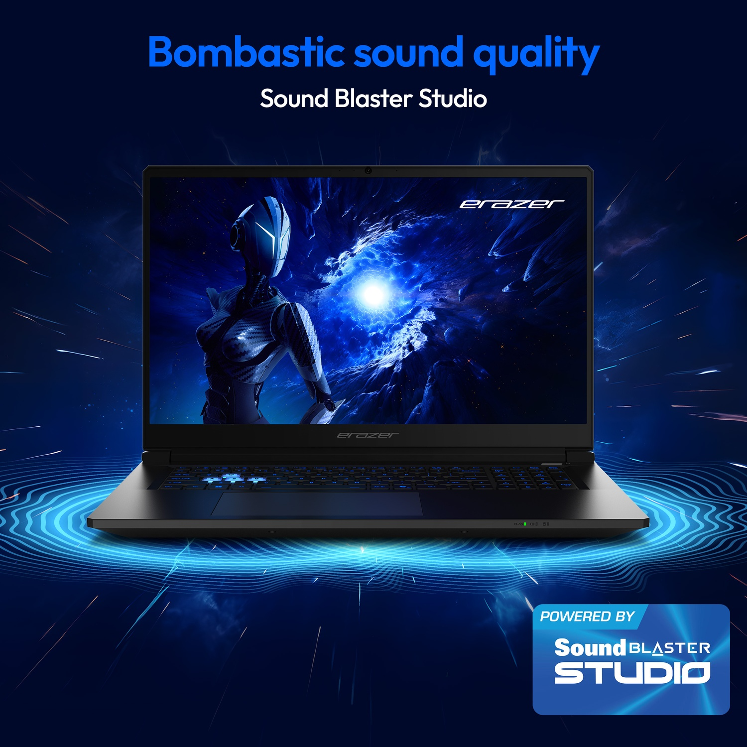 Un ordinateur portable affichant une image futuriste. Le texte indique 'Qualité sonore bombastique' et 'Sound Blaster Studio'.