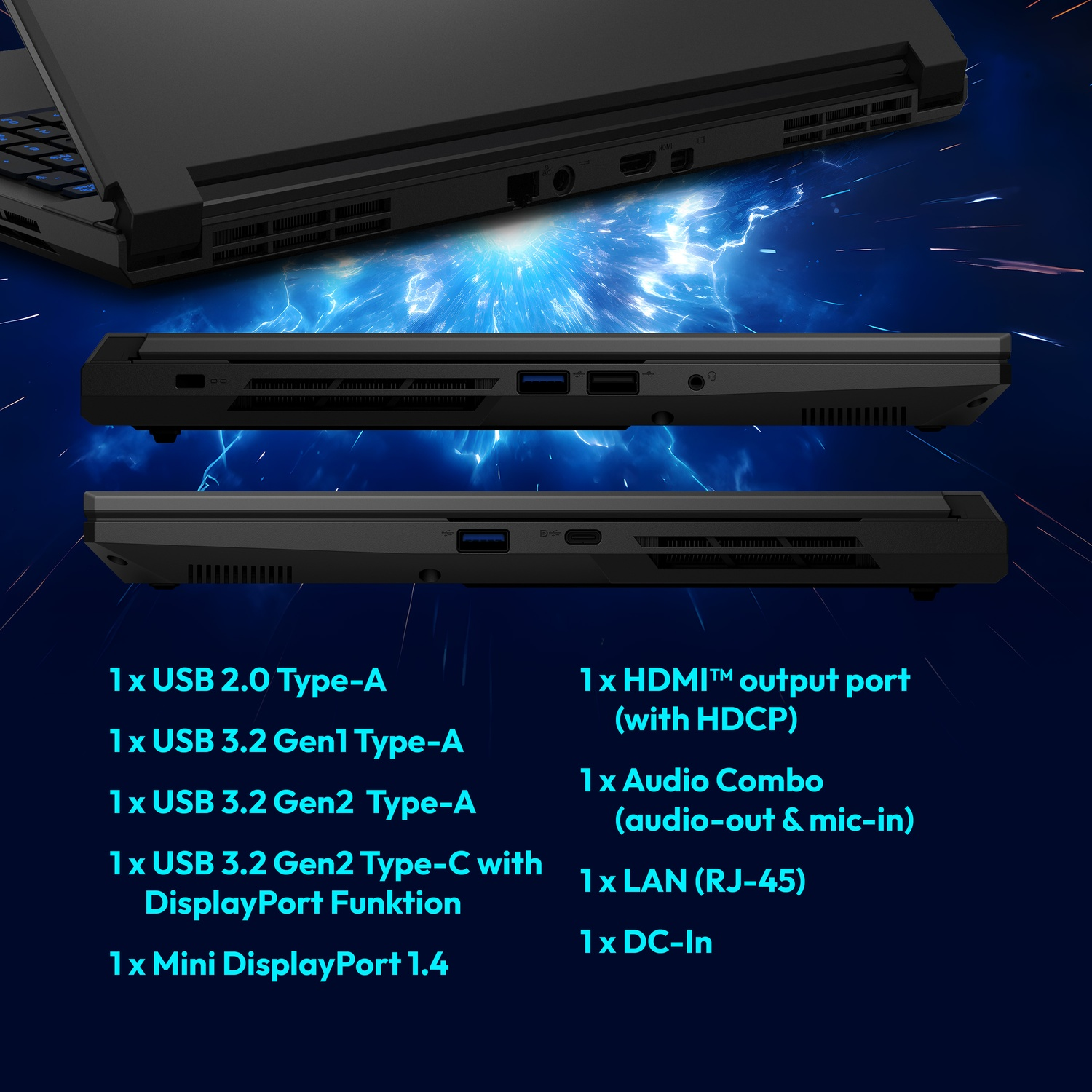 L'image montre le côté d'un ordinateur portable avec ports : USB, HDMI, audio, LAN et DC-in. Le texte liste les types et quantités de ports sur fond bleu.