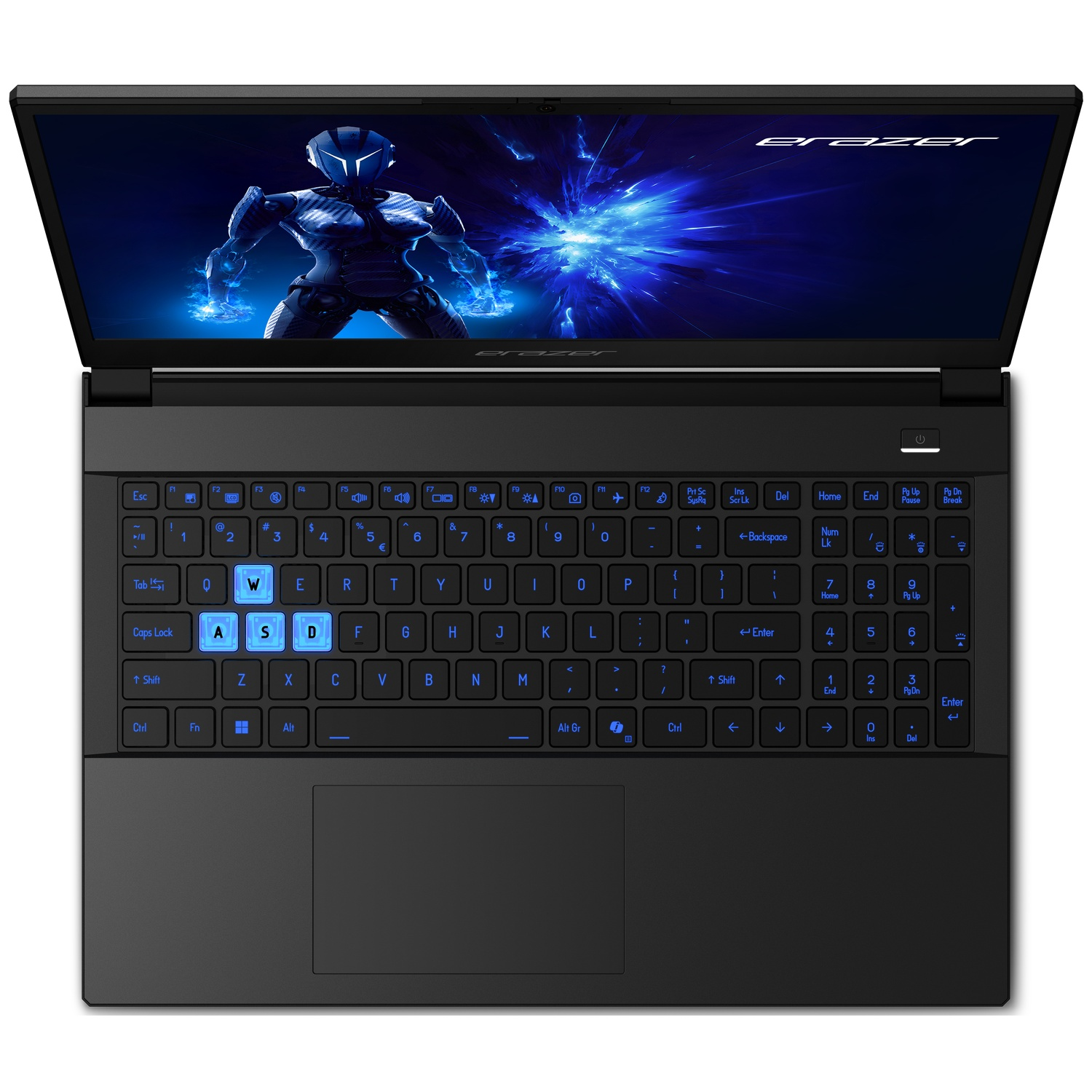 Ordinateur portable noir avec clavier rétroéclairé bleu. L'écran affiche une image de guerrier futuriste. L'ordinateur est ouvert.