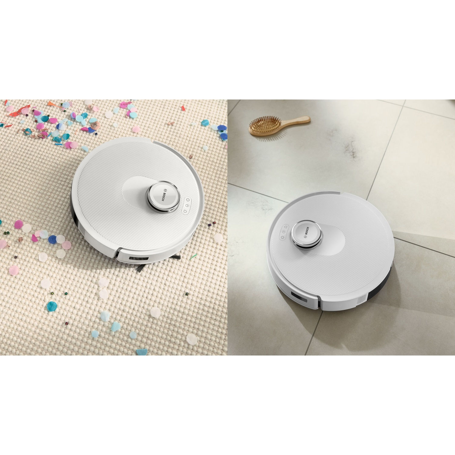 Due immagini: un aspirapolvere robot su un tappeto con coriandoli e su piastrelle con una spazzola per capelli.