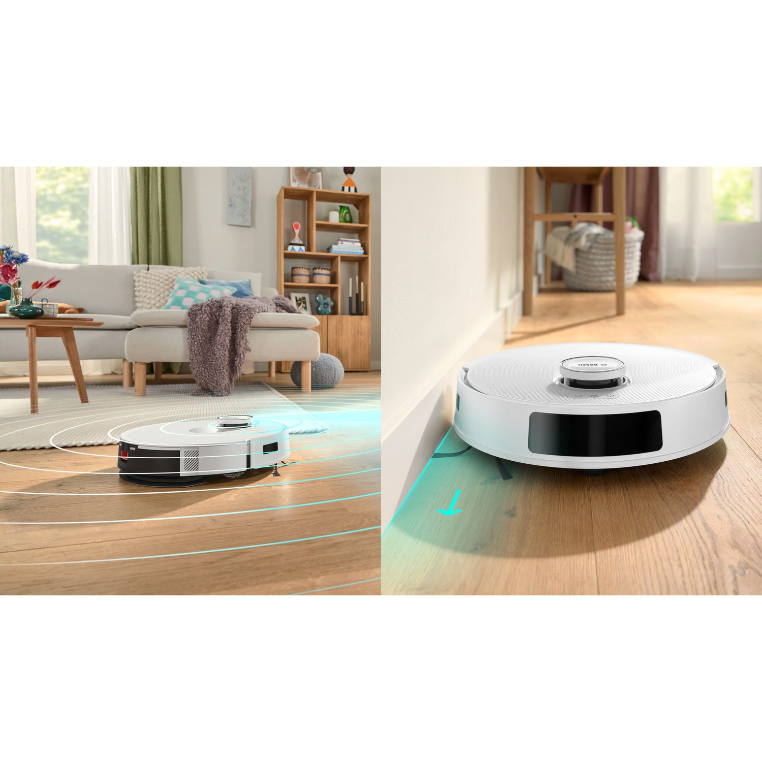 Un aspirapolvere robotico pulisce un soggiorno. Un pulitore bianco è sul pavimento di legno. Un divano e dei mobili sono sullo sfondo.