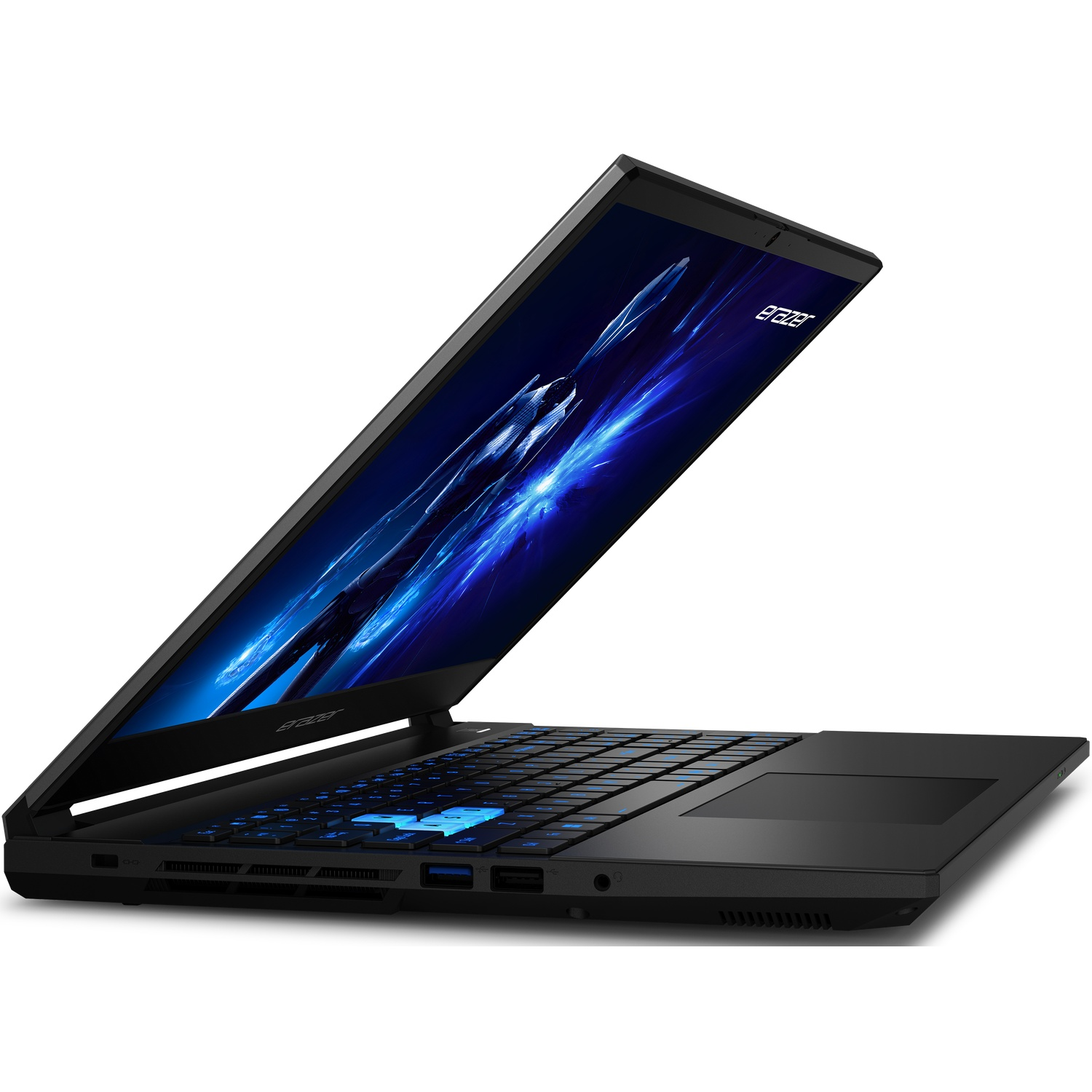 Ordinateur portable Acer noir sur fond blanc, écran ouvert. Clavier rétroéclairé bleu. Écran affiche des graphiques bleus. Logo Acer visible.