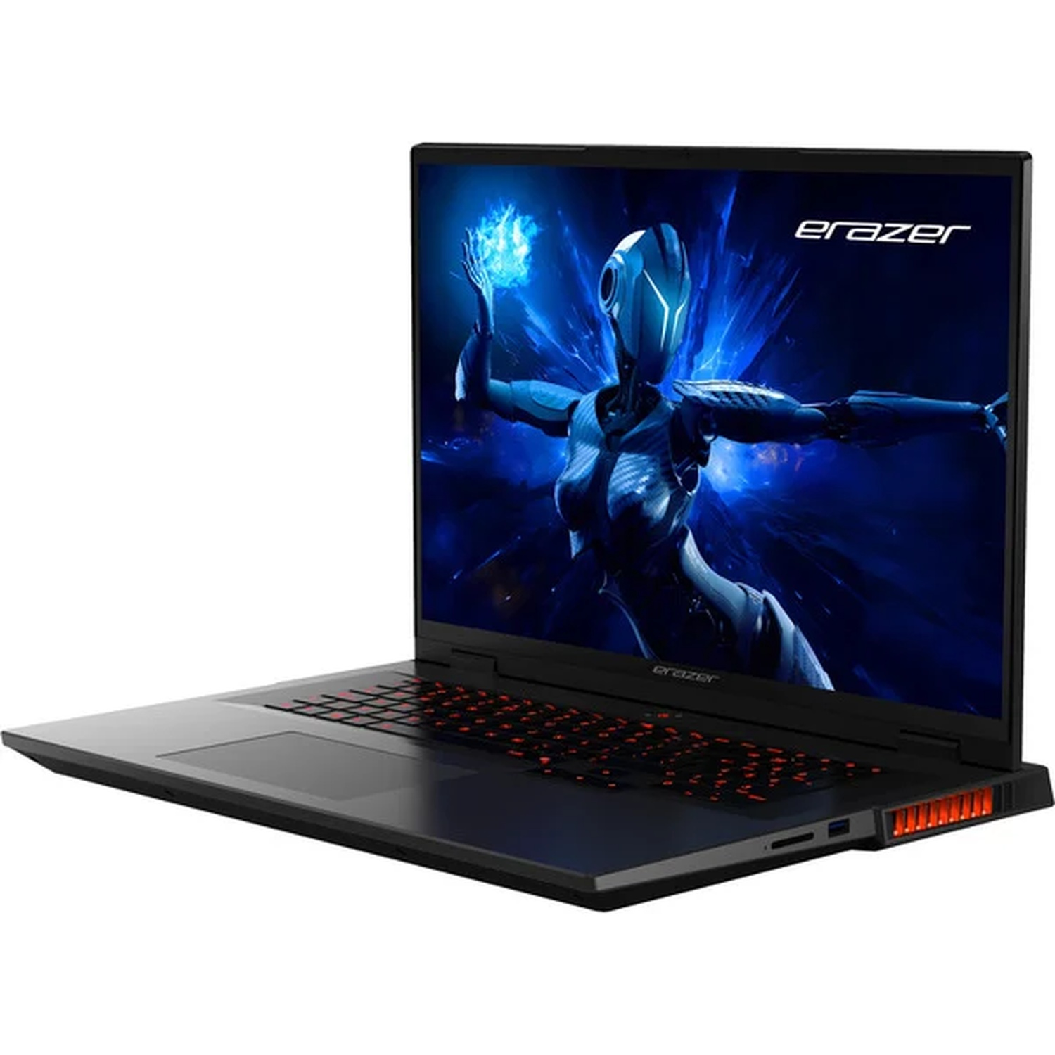 Un ordinateur portable Erazer noir affiche une figure futuriste à l'écran. Clavier éclairé en rouge, profil latéral avec le logo de la marque.