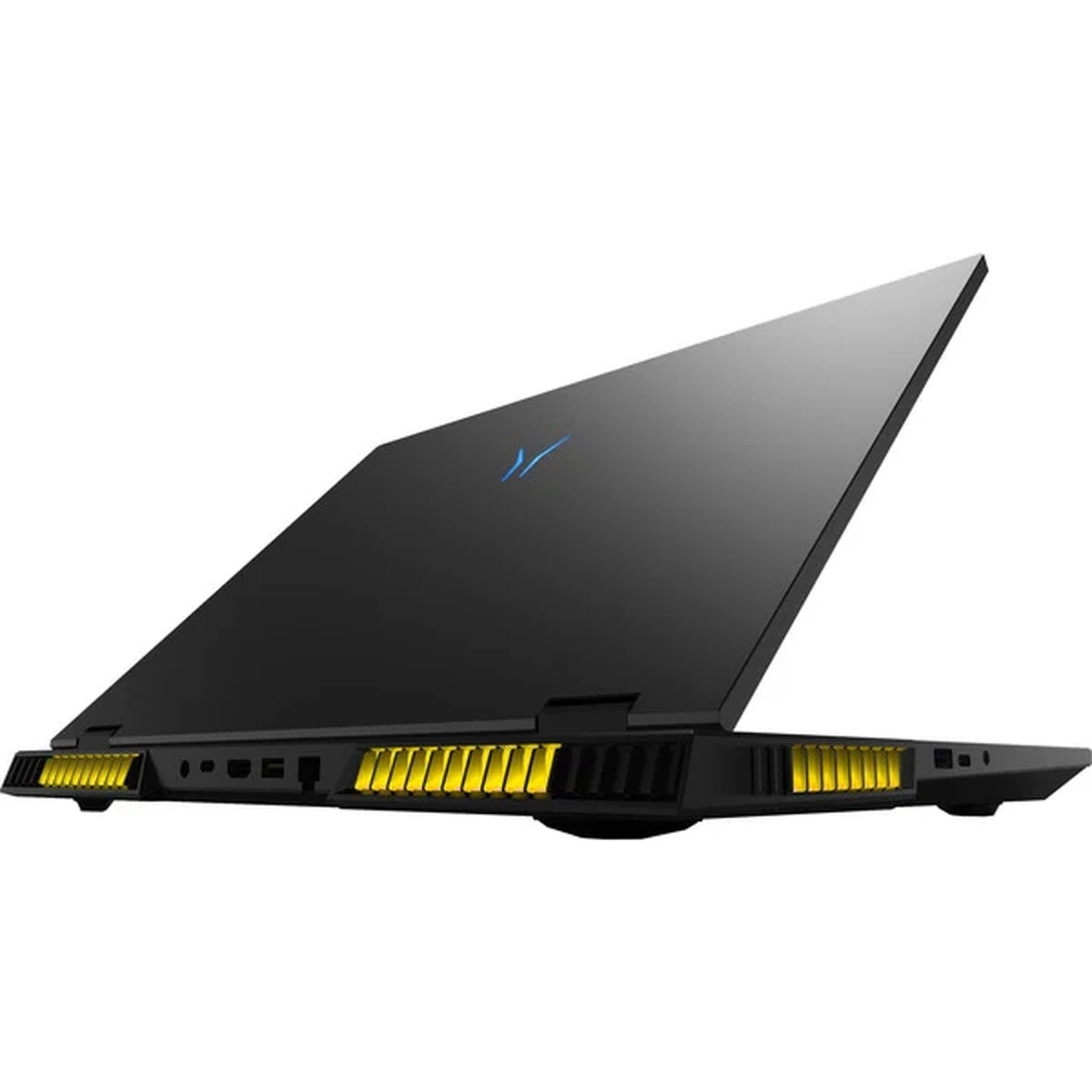 Un ordinateur portable noir avec des évents jaunes est légèrement ouvert. Il a un logo bleu. Le fond est blanc.