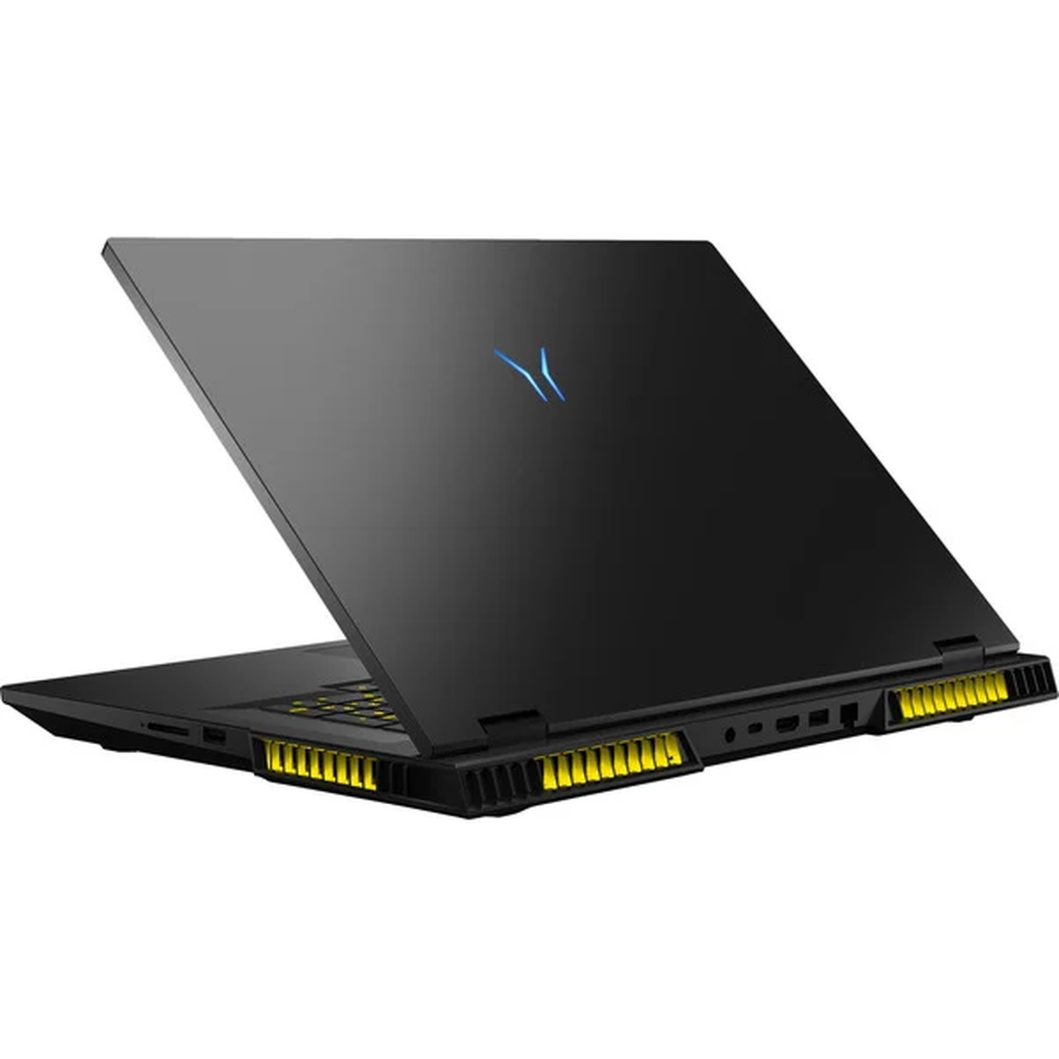 Ordinateur portable noir avec des évents jaunes, ouvert en angle. Logo bleu sur le couvercle. Le clavier est visible et l'écran est ouvert.