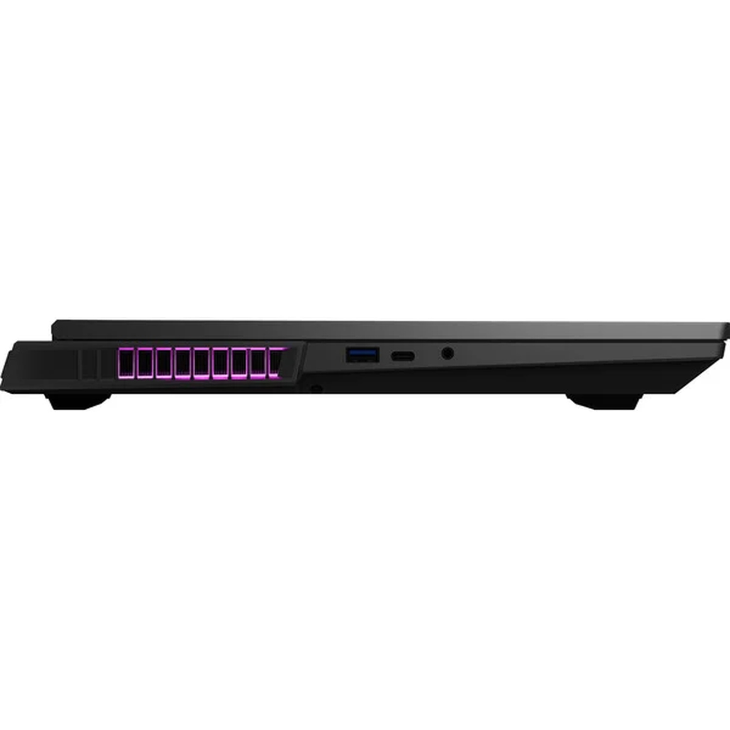 Vue latérale d'un ordinateur portable noir. Il possède des ports, dont USB, et une série de lumières violettes éclairées.