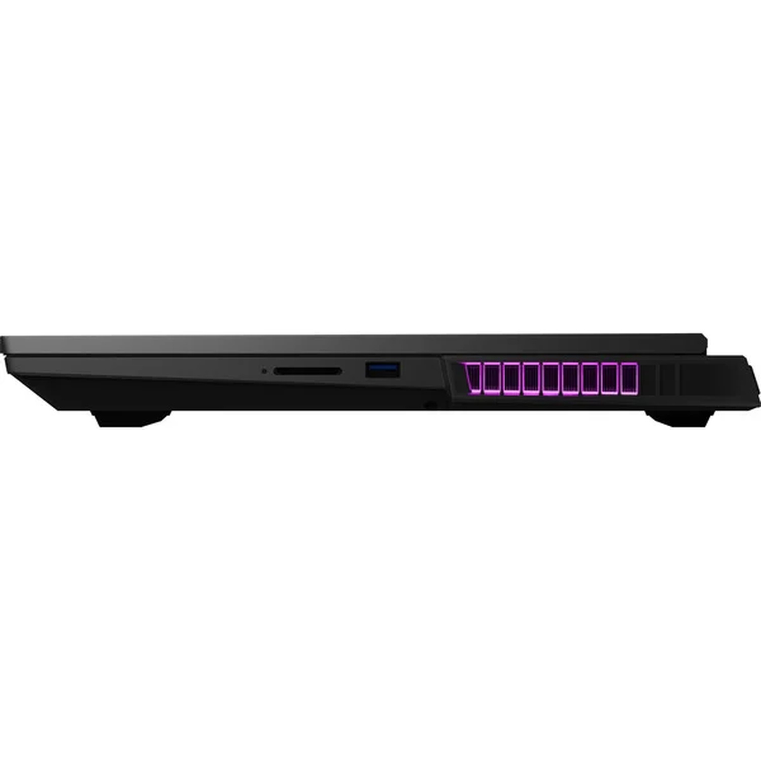 Vue latérale d'un ordinateur portable noir. Il a des lumières violettes sur le côté et des ports. L'ordinateur portable est fermé et posé sur une surface.