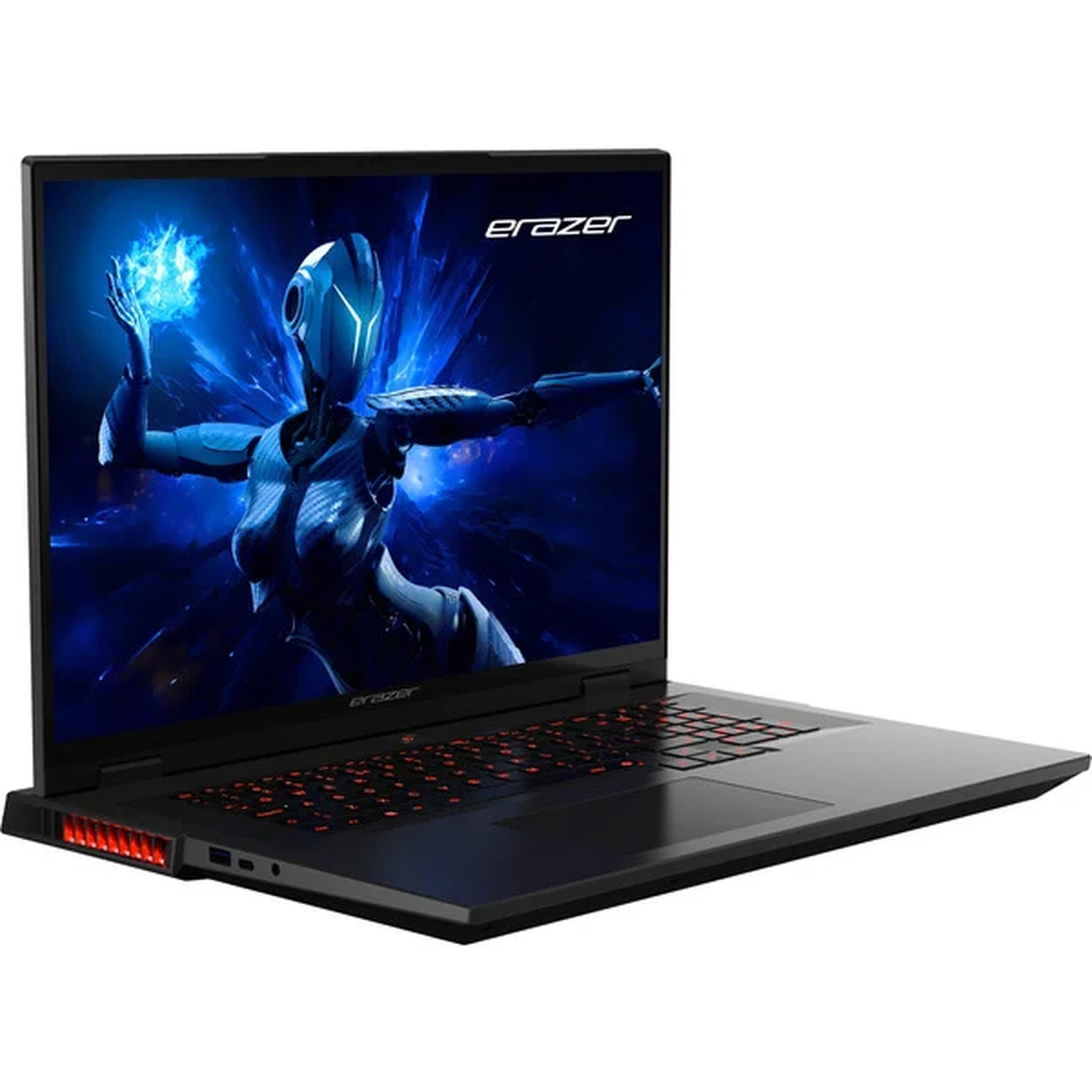 Ordinateur portable Erazer noir ouvert, écran montrant une figure futuriste avec énergie bleue, clavier rétro-éclairé rouge, sur fond blanc.