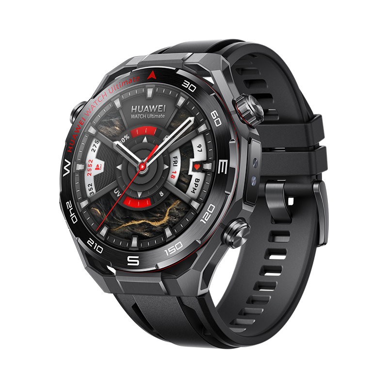 Eine schwarze Huawei Watch Ultimate Smartwatch mit schwarzem Armband. Sie zeigt Zeit, Gesundheitsdaten und hat rote Akzente.