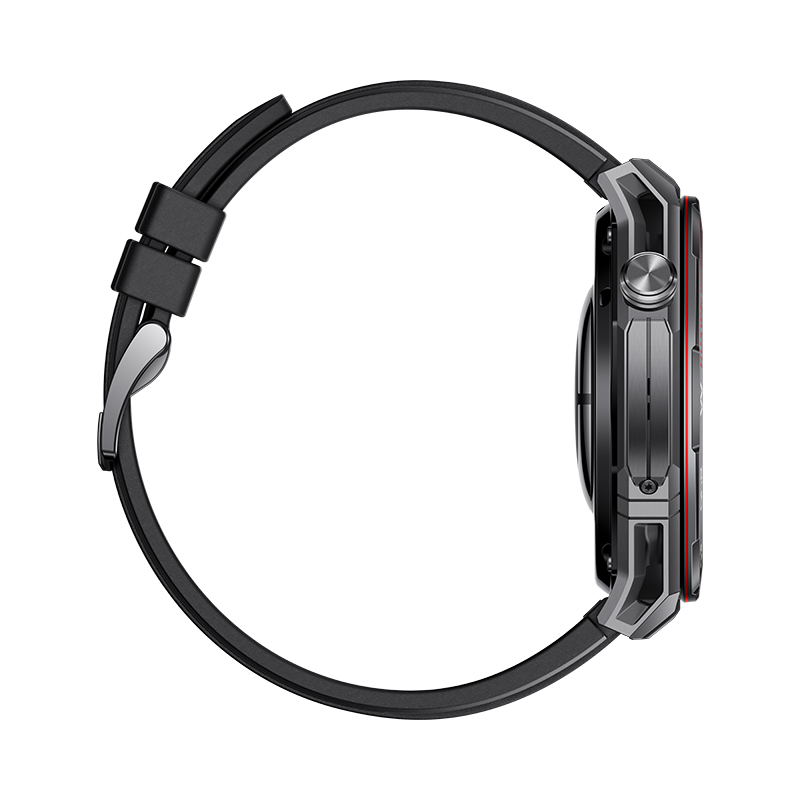 Schwarze Smartwatch mit rundem Zifferblatt und schwarzem Armband. Die Uhr hat eine metallisch graue und rote Umrandung.