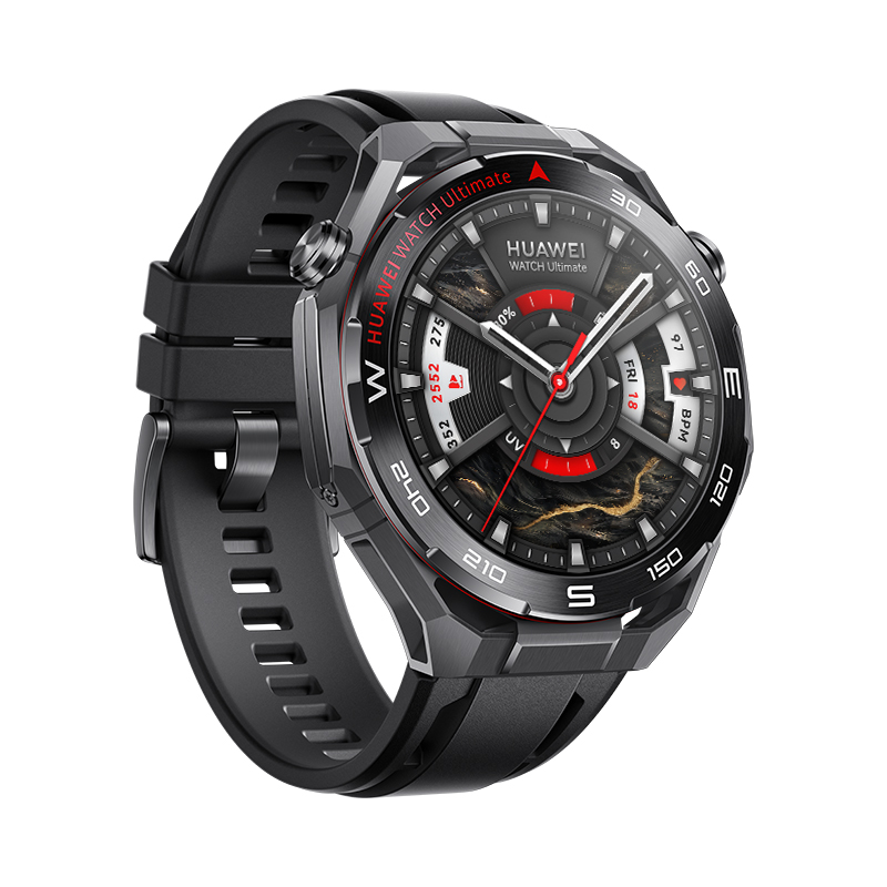 Eine schwarze Huawei Watch Ultimate Smartwatch. Sie hat ein rundes Zifferblatt mit roten und weißen Details. Das Armband ist schwarz und aus Gummi.