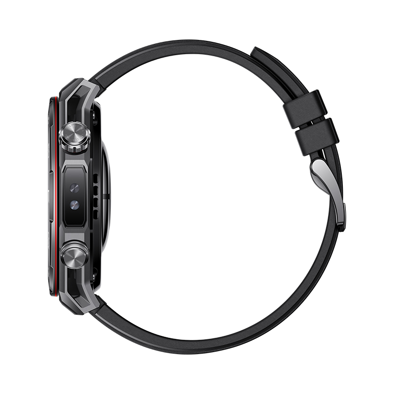 Schwarze Smartwatch mit rundem Design, schwarzem Armband und silberner Schnalle. Das Zifferblatt hat Knöpfe und ein Display, Seitenansicht.