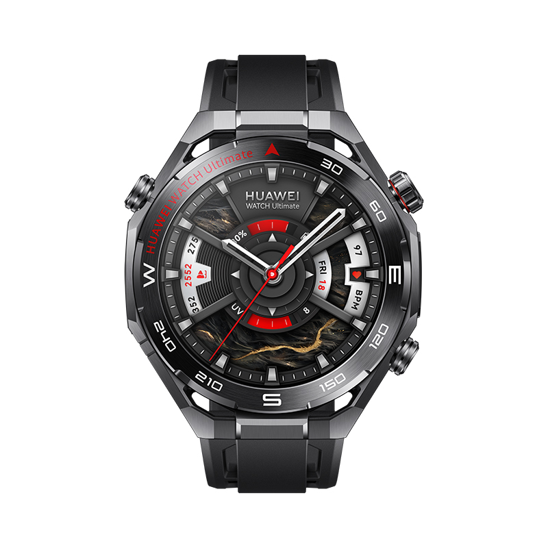 Eine Huawei Watch Ultimate. Schwarzes und silbernes Zifferblatt mit roten Akzenten. Zeigt Uhrzeit, Datum und Gesundheitsdaten an. Mit schwarzem Armband.