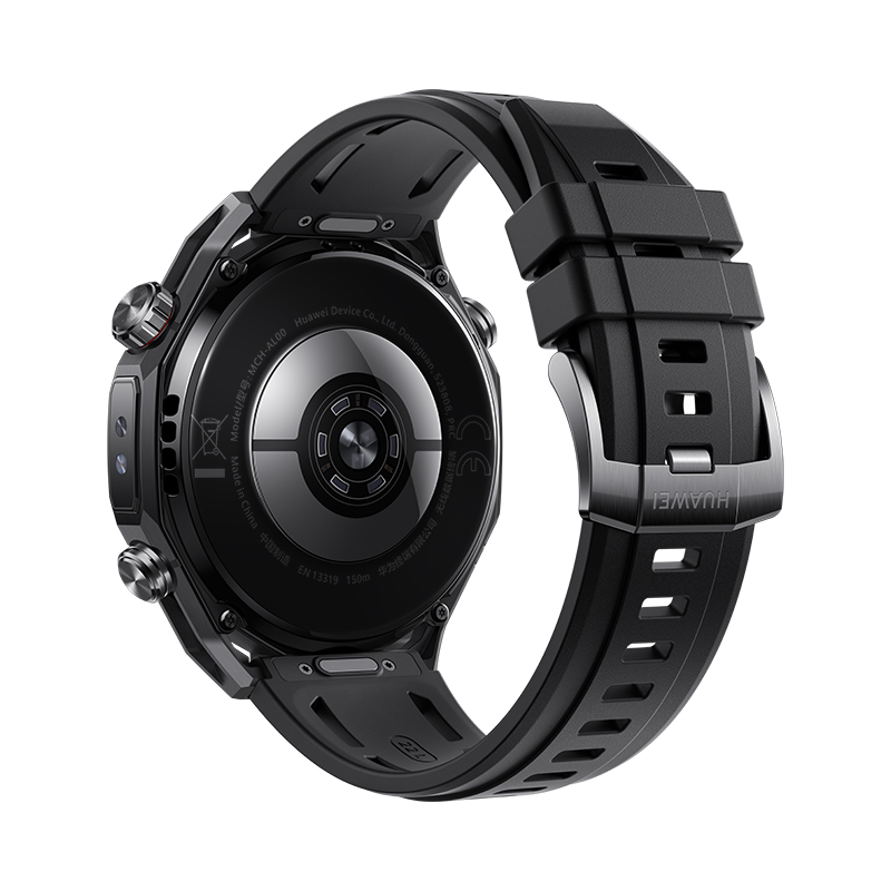 Schwarze Huawei-Smartwatch. Die Uhr zeigt die Rückseite mit Details und Armband. Das Armband ist aus schwarzem Gummi mit Metallverschluss.
