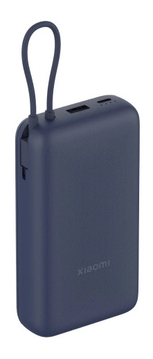 Granatowy power bank Xiaomi ze szlufką. Posiada port USB i przycisk zasilania. Widoczne jest logo Xiaomi.