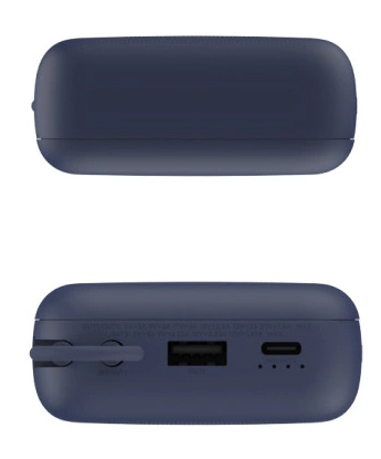 Dwa widoki granatowego power banku. Widok z góry pokazuje górę, widok z dołu pokazuje porty: USB, USB-C i małą pętlę.