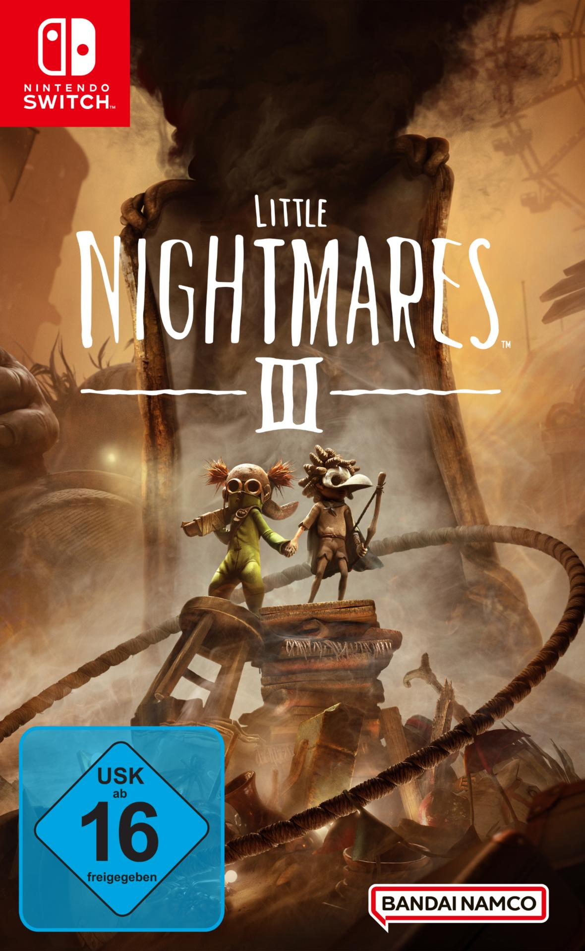Spielcover für Little Nightmares III. Zwei Figuren stehen auf einer Plattform. Titeltext darüber. Nintendo Switch-Logo in der Ecke.