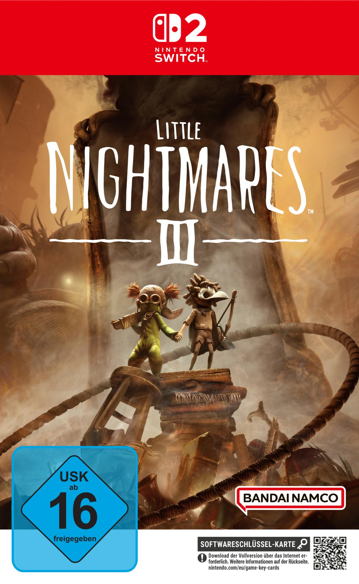 Spielcover für Little Nightmares III. Zeigt zwei Charaktere, Titeltext, Nintendo Switch Logo und Bewertungsschilder.