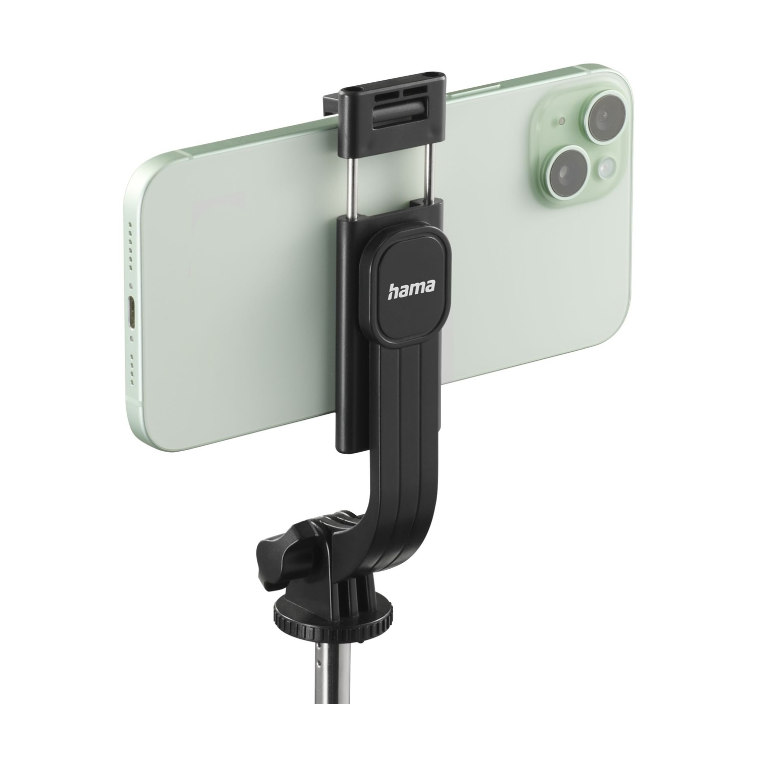 Uno smartphone verde chiaro è tenuto da un supporto nero. Il supporto è attaccato a un palo di metallo, il tutto su sfondo bianco.
