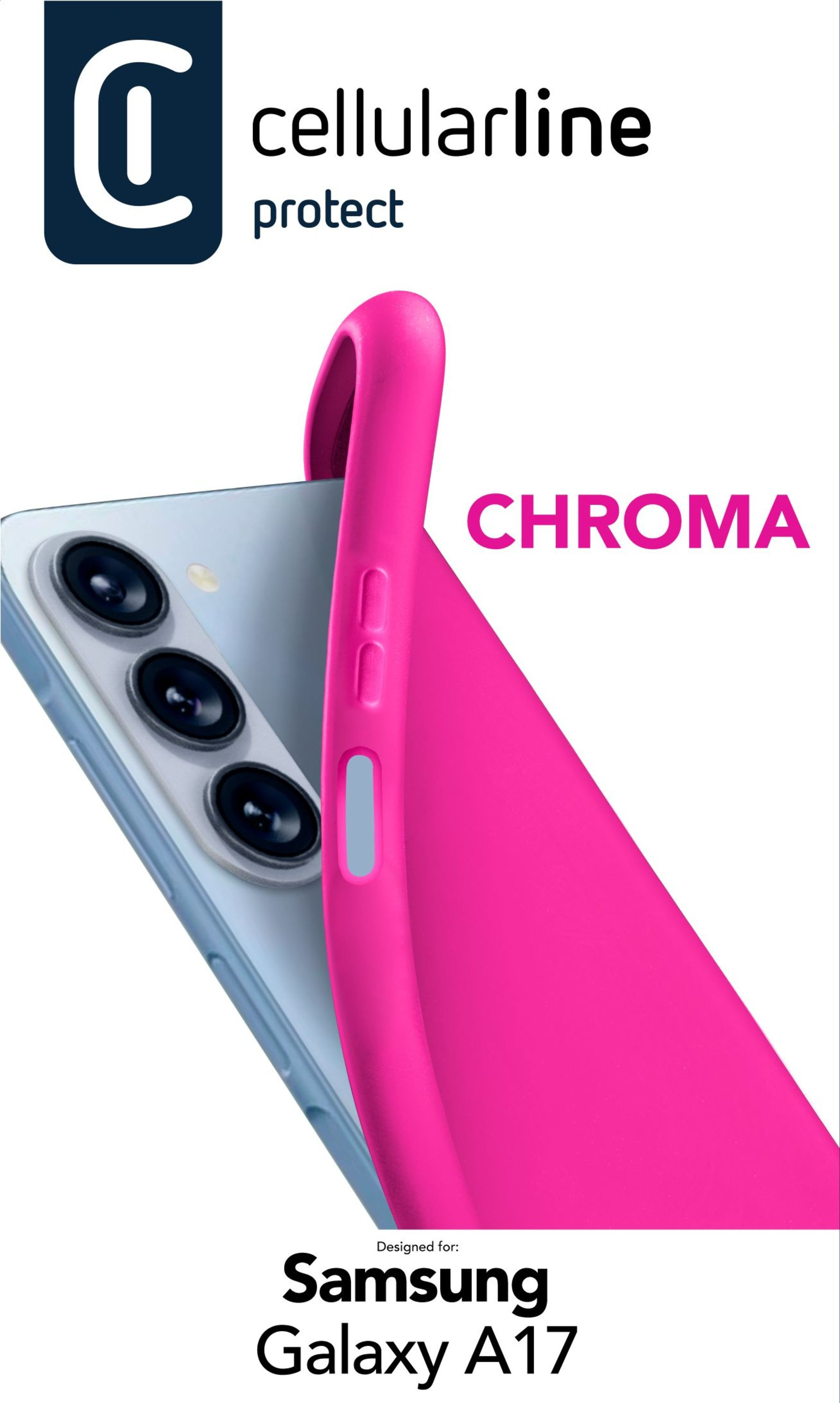 Eine pinkfarbene Handyhülle bedeckt ein Samsung Galaxy A17 Telefon. Die Hülle ist mit Cellularline Chroma und einem 'C'-Logo versehen.