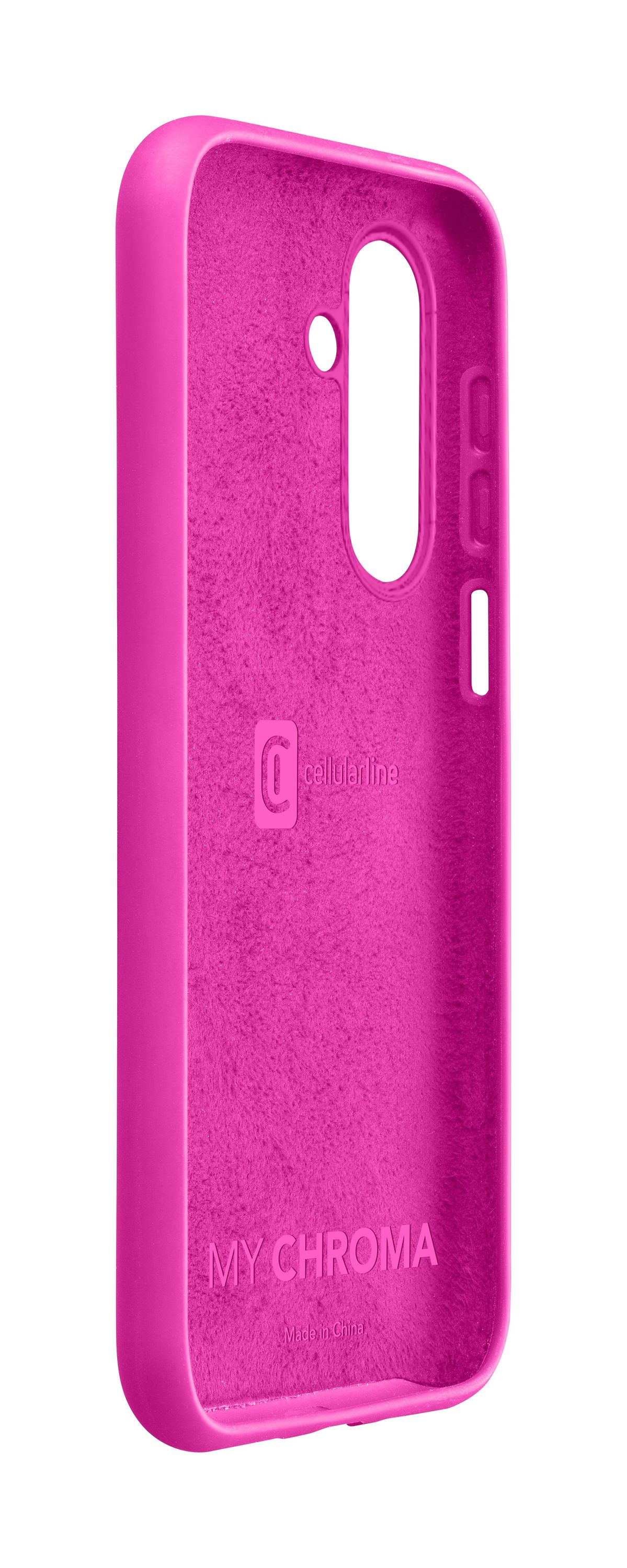 Eine leuchtend rosa Handyhülle mit strukturierter Innenseite. Merkmale sind das Logo 'cellularline' und der Text 'MY CHROMA'.