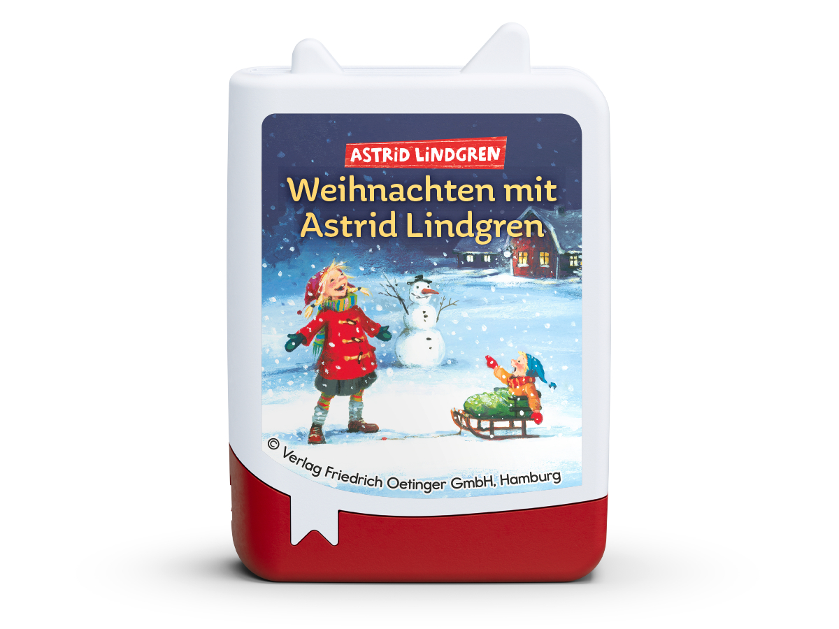 Buchcover mit Winterszene: Kind im roten Mantel, Schneemann, Kind auf Schlitten, verschneite Landschaft und ein Haus. Titel: Weihnachten mit Astrid Lindgren.