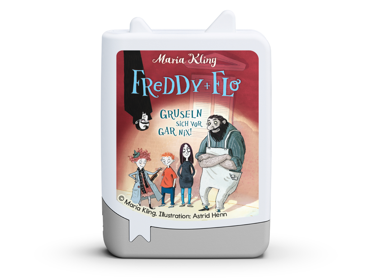 Buchcover mit dem Titel 'Freddy + Flo' von Maria Kling. Die Illustration zeigt eine Gruppe von Kindern und einen Mann mit Bart vor rotem Hintergrund.