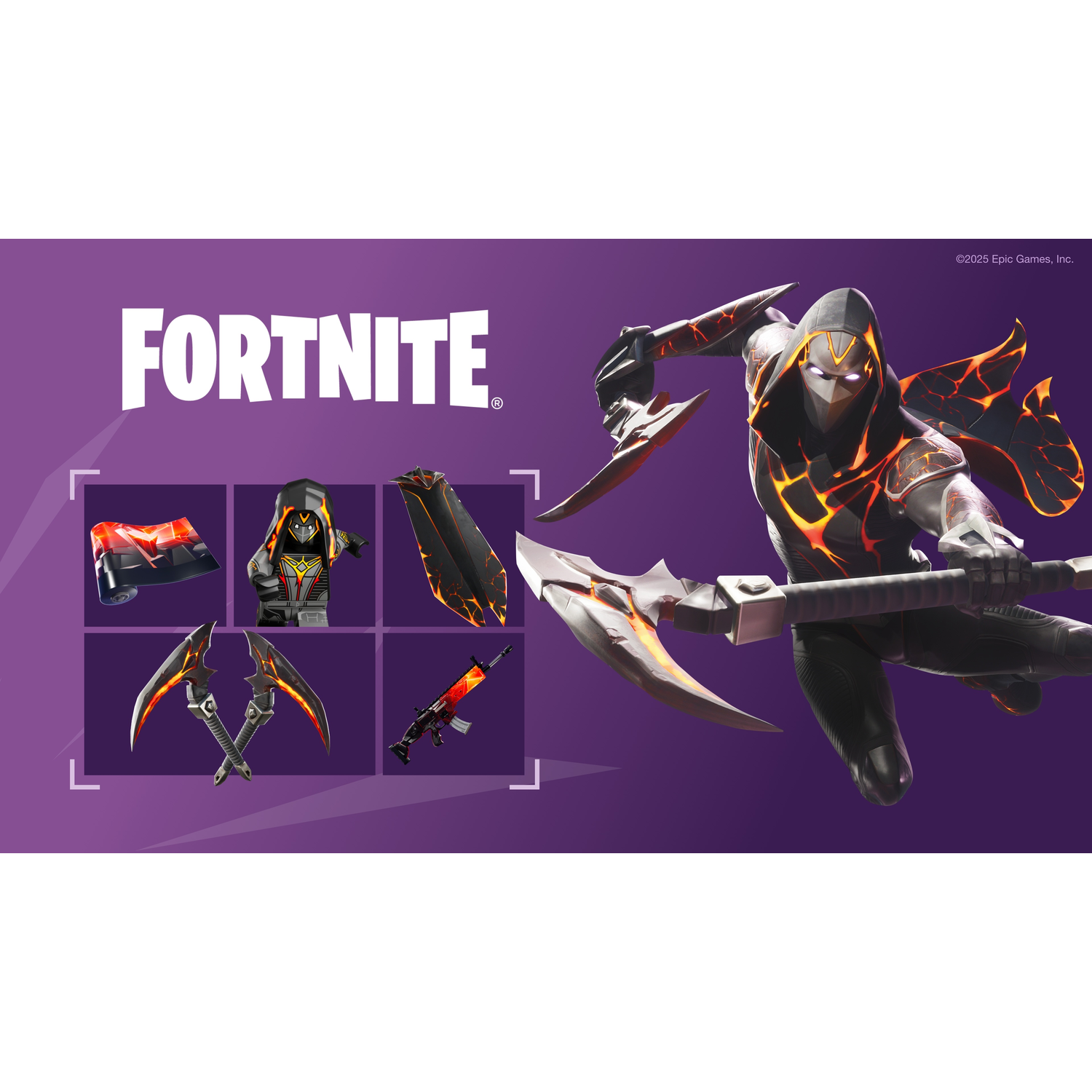 Fortnite-afbeelding. Een personage met een zwart-oranje pak dat een bijl vasthoudt. Verschillende items in de game worden rond het personage weergegeven.