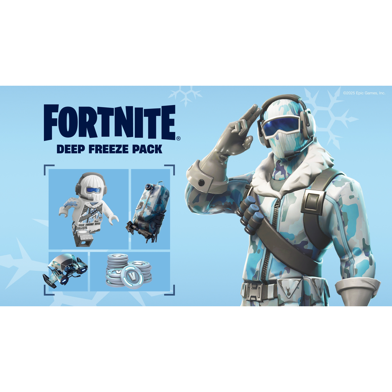 Fortnite Deep Freeze Pack. Een personage in wintercamouflage groet. Inclusief Lego-figuur, rugzak, zweefvliegtuig en V-Bucks op blauwe achtergrond.