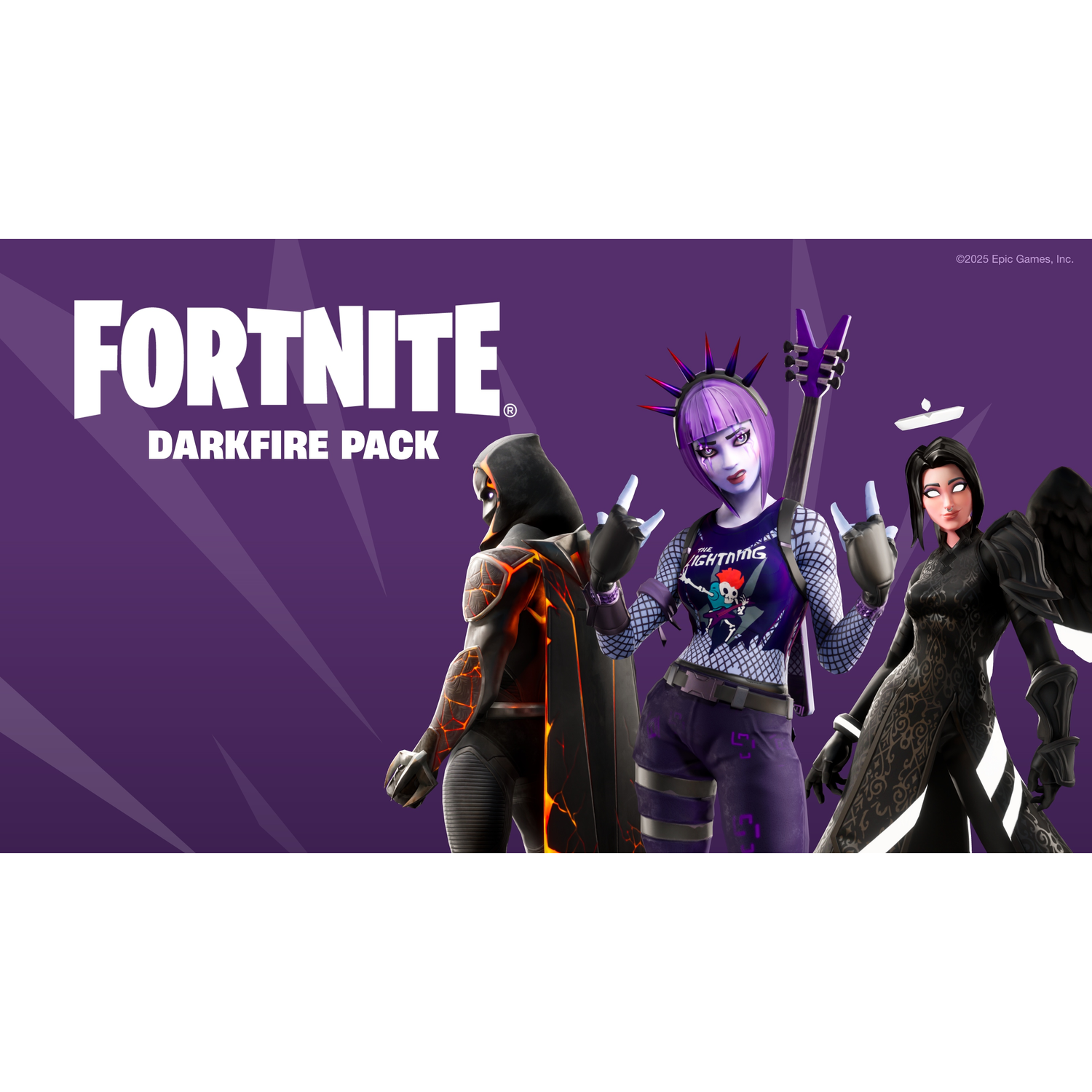 Fortnite Darkfire Pack. Three characters stand on a purple background. A hooded figure, a purple-haired character, and a character with black wings.
