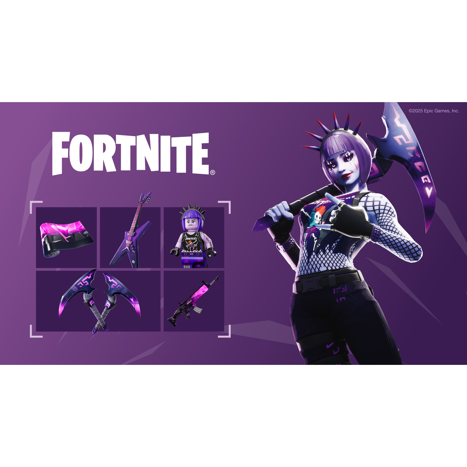 Fortnite ad featuring a character holding a scythe. Various game accessories in purple and black are also displayed.