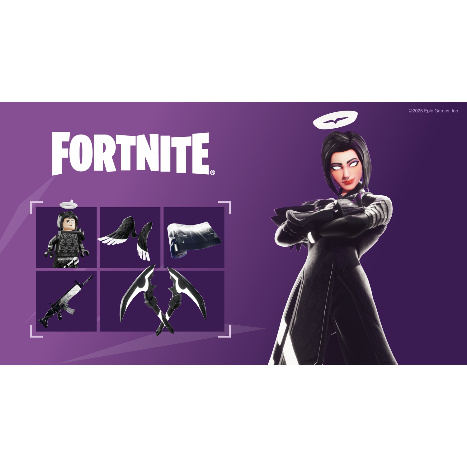 Fortnite image features a character with a halo, black outfit, and weapon options. Purple background with the Fortnite logo.