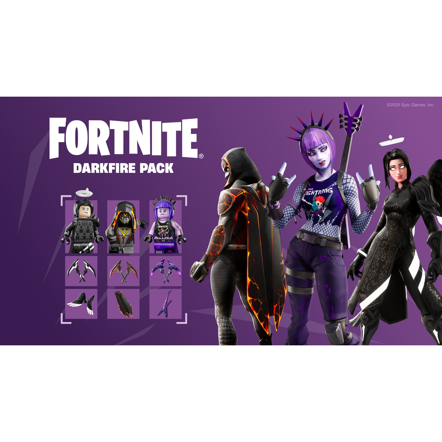 Fortnite Darkfire Pack ad. Shows characters in black and purple. Includes Lego figures, weapons, and a rockstar. Purple background.