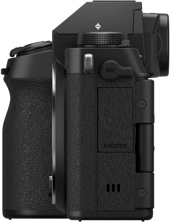 Egy fekete kamera oldalsó nézete. Jellemzői: markolat, tárcsák, 'MIC' és 'HDMI' feliratú gombok, texturált felület.