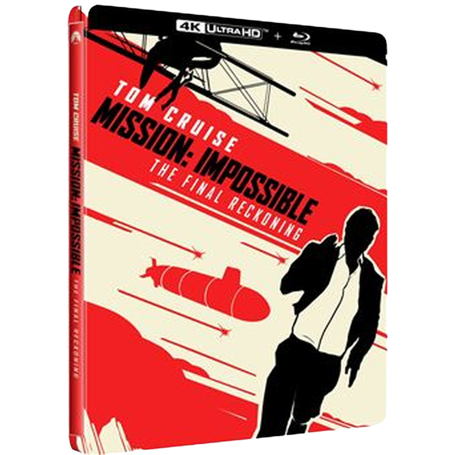 Filmaffiche voor Mission: Impossible. Rode en crèmekleuren. Silhouet van een man, vliegtuig en raketten. Tekst: Tom Cruise, Mission: Impossible.