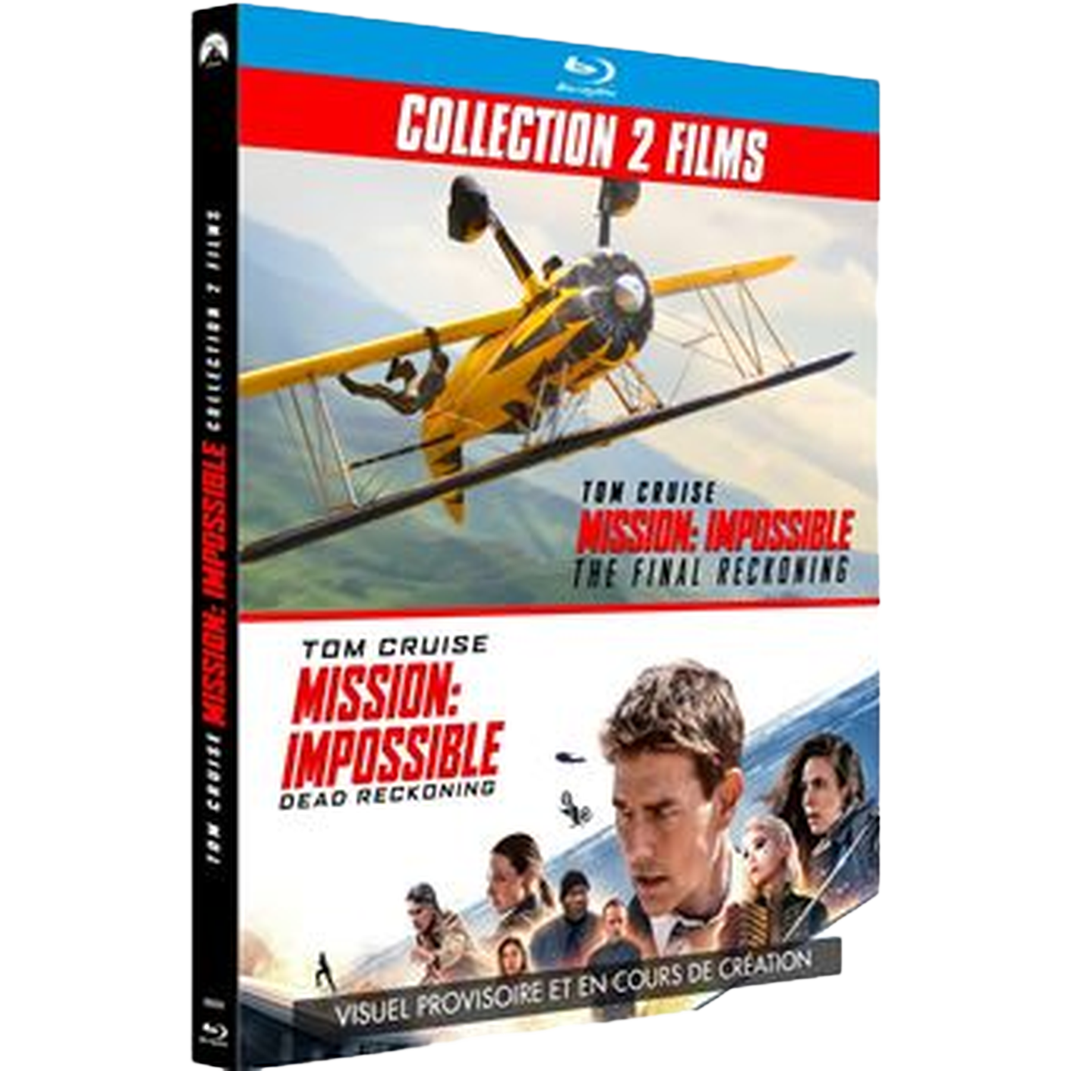 Couverture DVD de Mission: Impossible. Haut: biplan jaune. Bas: Tom Cruise et casting. Texte: 'Collection 2 Films'.