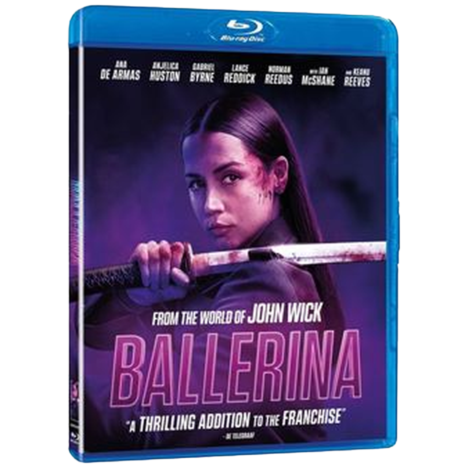 Filmcover van Ballerina. Een vrouw houdt een zwaard met bloed vast. Tekst: Uit de wereld van John Wick. Een spannende toevoeging aan de franchise.