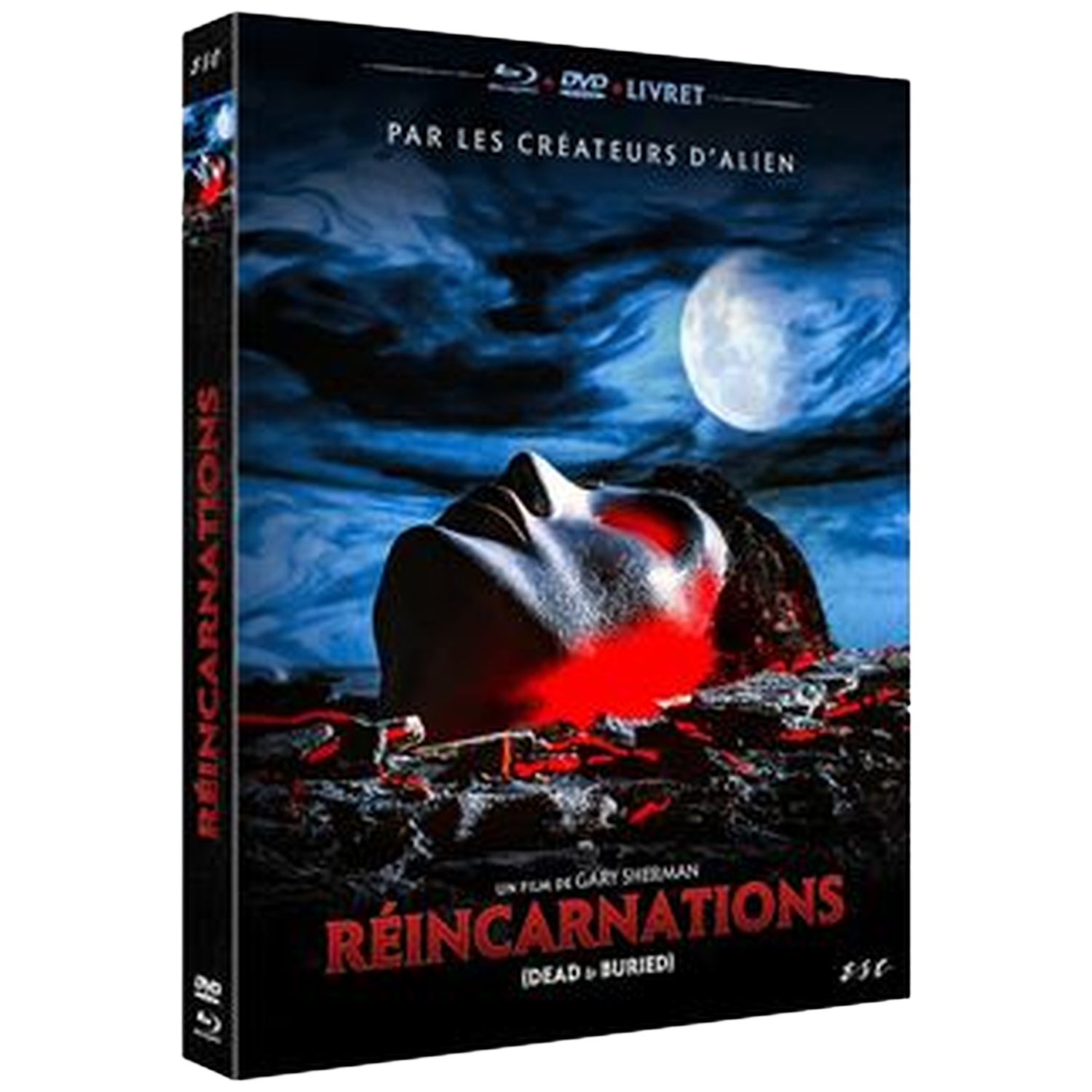 DVD-hoes van de film Reincarnations. Een gezicht met rode ogen, een volle maan op de achtergrond en de titel in rood.