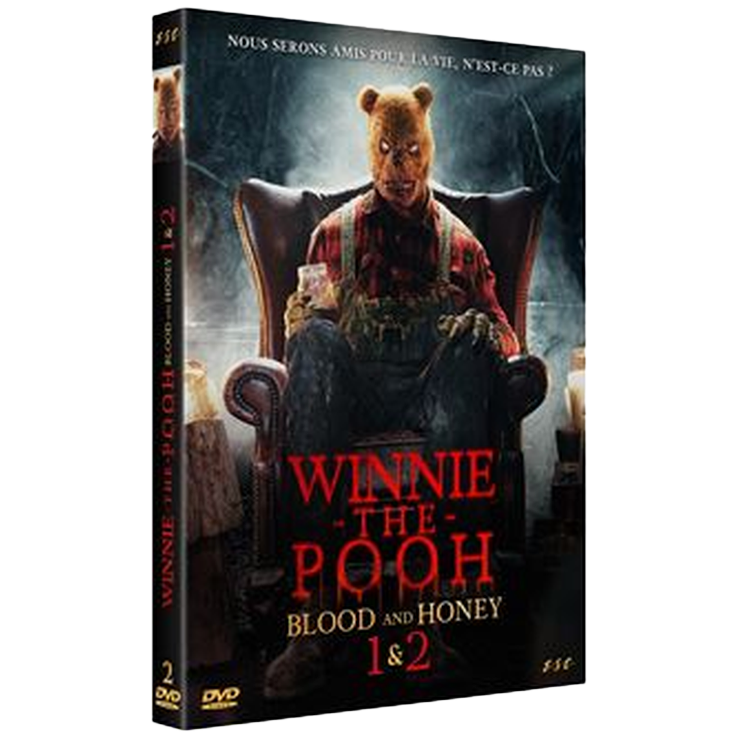 DVD-hoes voor Winnie the Pooh: Blood and Honey. Het toont een dreigende Pooh Bear in een stoel, met de titel in het rood.