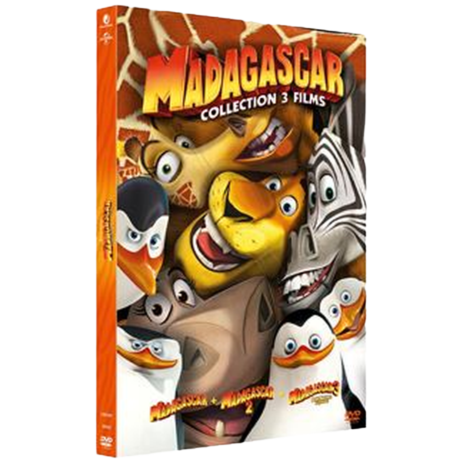 Coffret DVD des films Madagascar. Avec des personnages de dessins animés : zèbre, girafe, pingouins et lion. Titre : Madagascar Collection 3 Films.