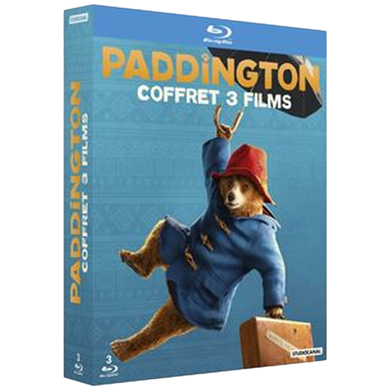 La couverture d'un coffret Blu-ray Paddington. Paddington Bear en manteau et chapeau saute. La couverture dit 'Paddington coffret 3 films'.