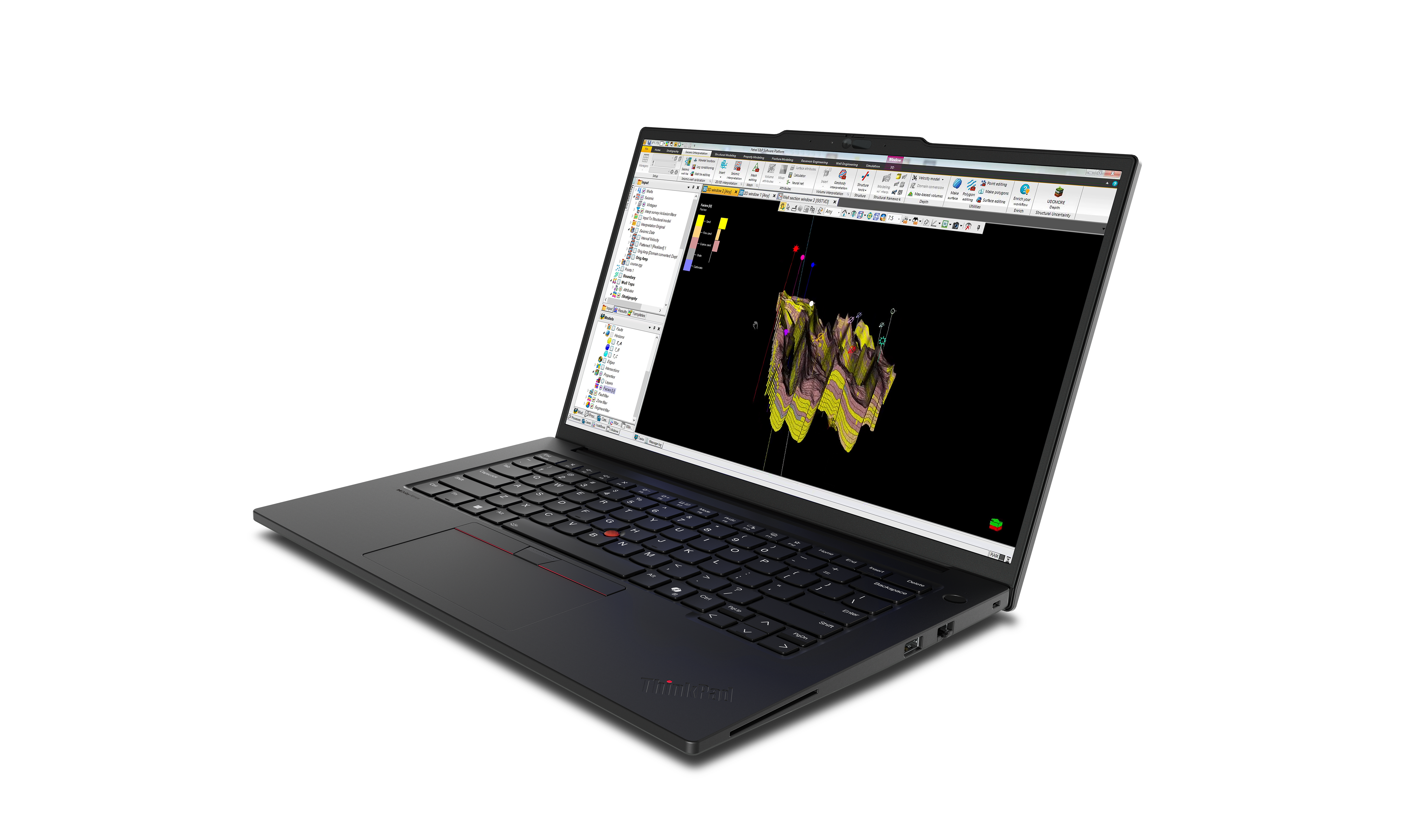 Schwarzer ThinkPad-Laptop mit 3D-Daten auf dem Bildschirm. Tastatur sichtbar. Schwarzer Hintergrund.